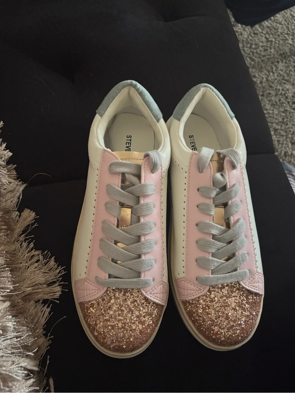 Steve Madden White Sneakers with Pink Panels and Rose Gold Glitter Toe